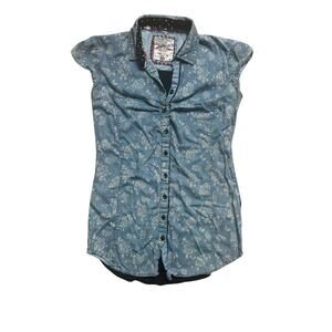 Women's Casual Fitted Floral Blue Short Cap Sleeve Button Down Shirt size Medium